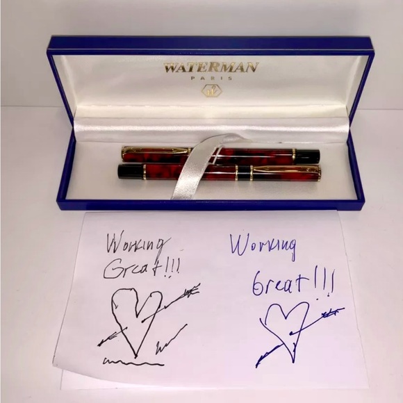 Vintage Waterman Fountain & Roller Point Pen Set Marbled Red Black Gold Nib M